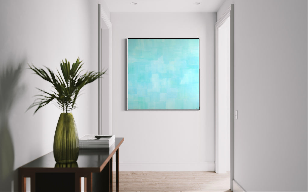 Tranquility - a tranquil abstract painting by Billy Pease.  Painting is hanging in a white hallway.