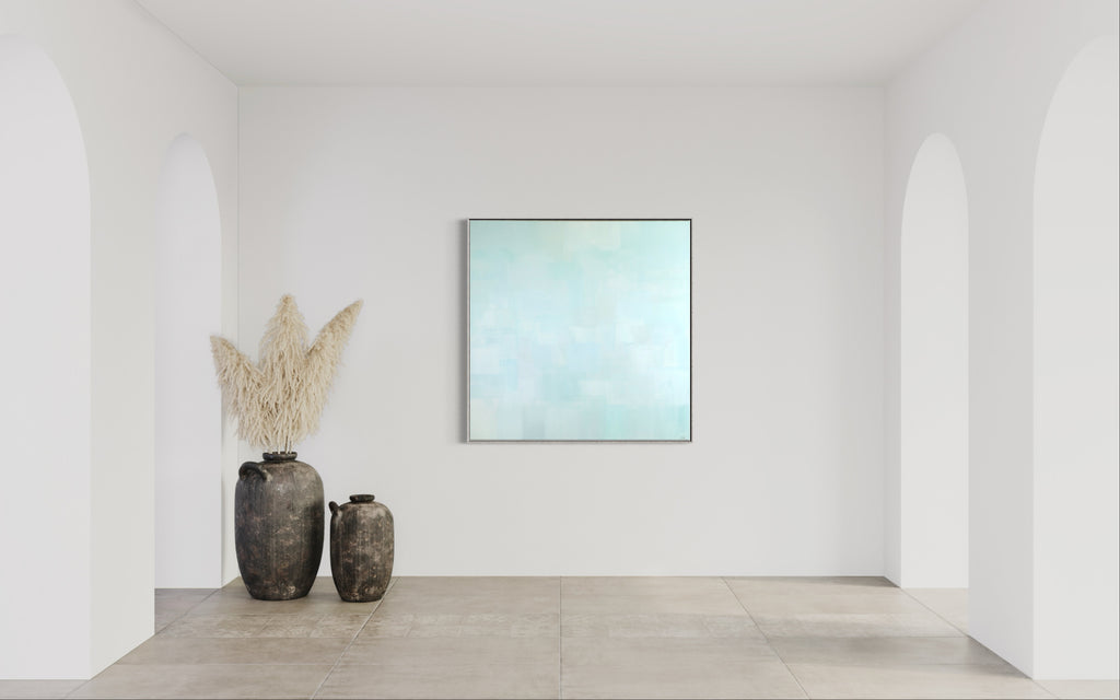 Jade Cove - a tranquil abstract painting by Billy Pease.  Painting hanging in a white hallway.