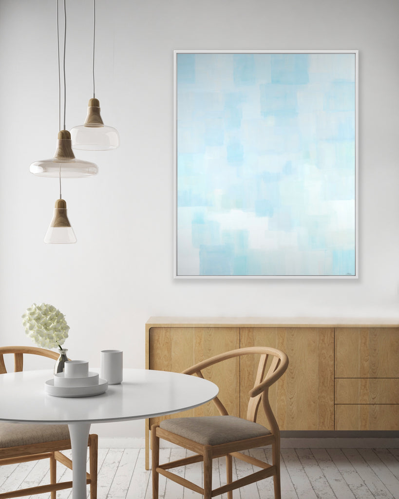 Whispers.  A tranquil abstract painting by Billy Pease.  Painting is hanging on wall behind table.